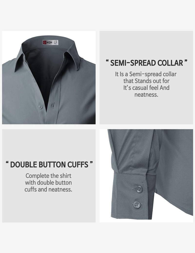 H2H Mens Wrinkle Free Slim Fit Dress shirts with Solid Long Sleeve GRAY US L (Asia XXL) (JASK 14) - Image 5
